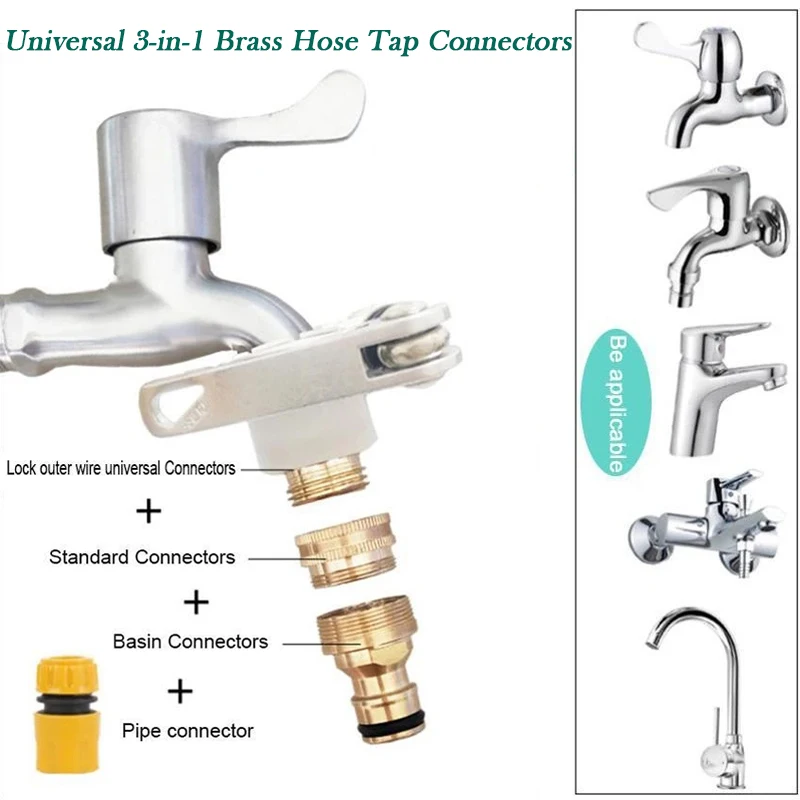 

Universal 3-in-1 Brass Hose Tap Connectors Set Convertible Faucet Connector Household STSF666