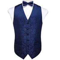 men navy blue paisley suit vest silk waistcoat formal floral bowties cufflinks pocket square set male gift j 120 barry wang