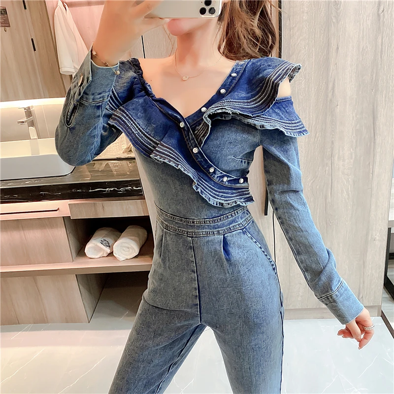 

New Fashion Women Vintage Bodysuit High Waist Bodycon Rompers Zipper Ruffles Woman Off Shoulder Denim Overalls Jumpsuit