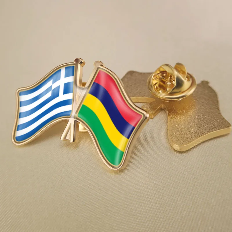 

Greece and Mauritius Crossed Double Friendship Flags Lapel Pins Brooch Badges