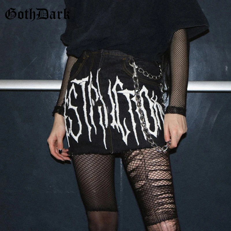 Женская готическая джинсовая юбка Goth Dark черная облегающая мини-юбка с принтом в