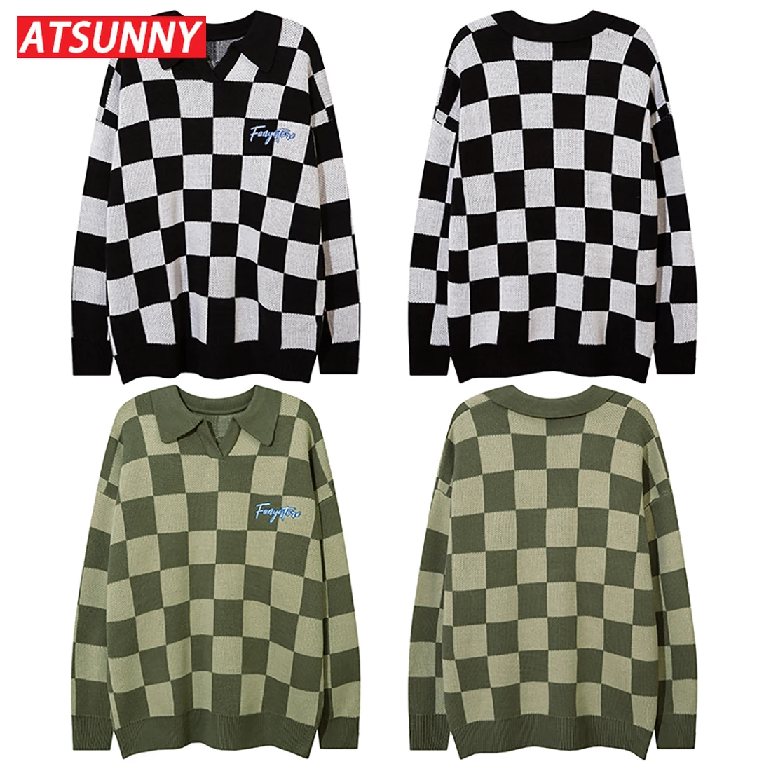 

ATSUNNY Harajuku Lattice Sweater Streetwear Retro American Harajuku v neck sweater men Autumn and winter clothes Couple Pullover