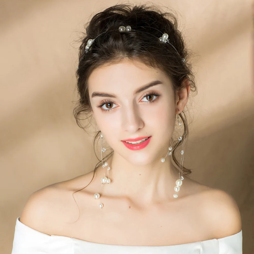 O631 Handmade Elegant Bridal Headdress Set Silver Alloy Beads Chain Headband Earring for Wedding Perform Studio