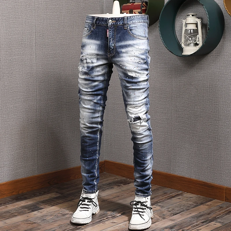 Street Style Fashion Men Jeans Retro Blue Elastic Sim Fit Ripped Jeans Men Frayed Hole Patch Designer Hip Hop Plain Denim Pants