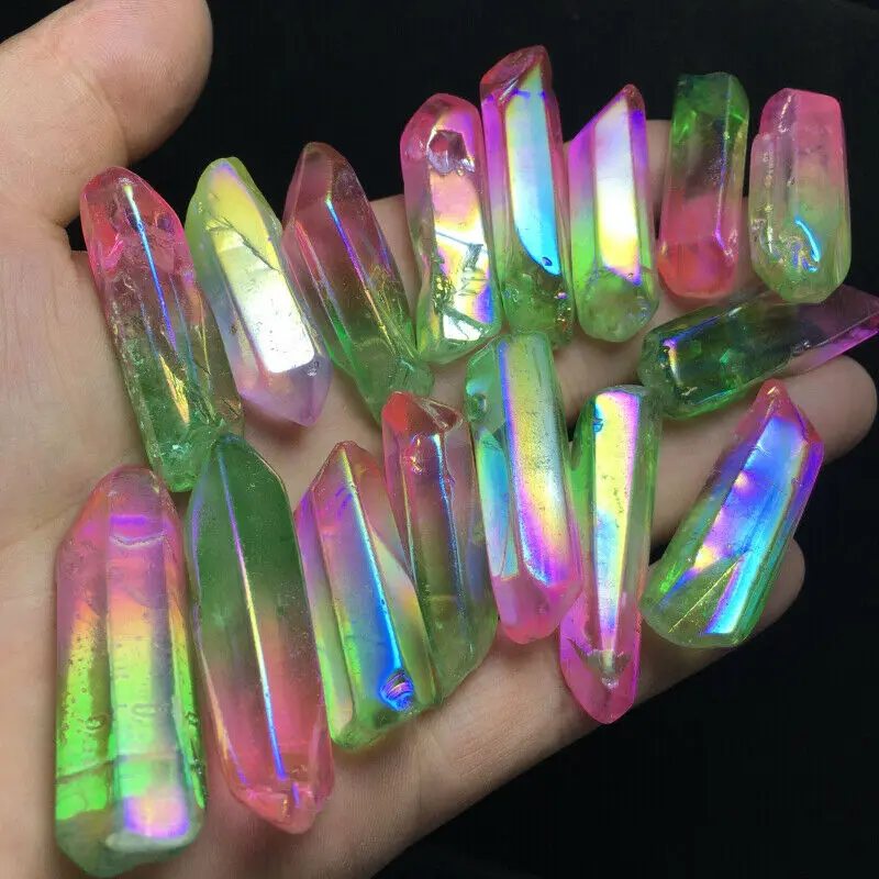 

Rare green and pink flame halo quartz crystal pointed wand specimens