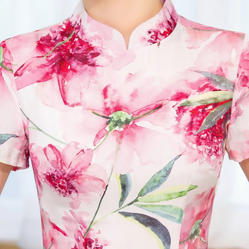 

2020 spring summer new High-grade fashion mulberry silk Round collar Short sleeve Traditional Elegant women's cheongsam dress