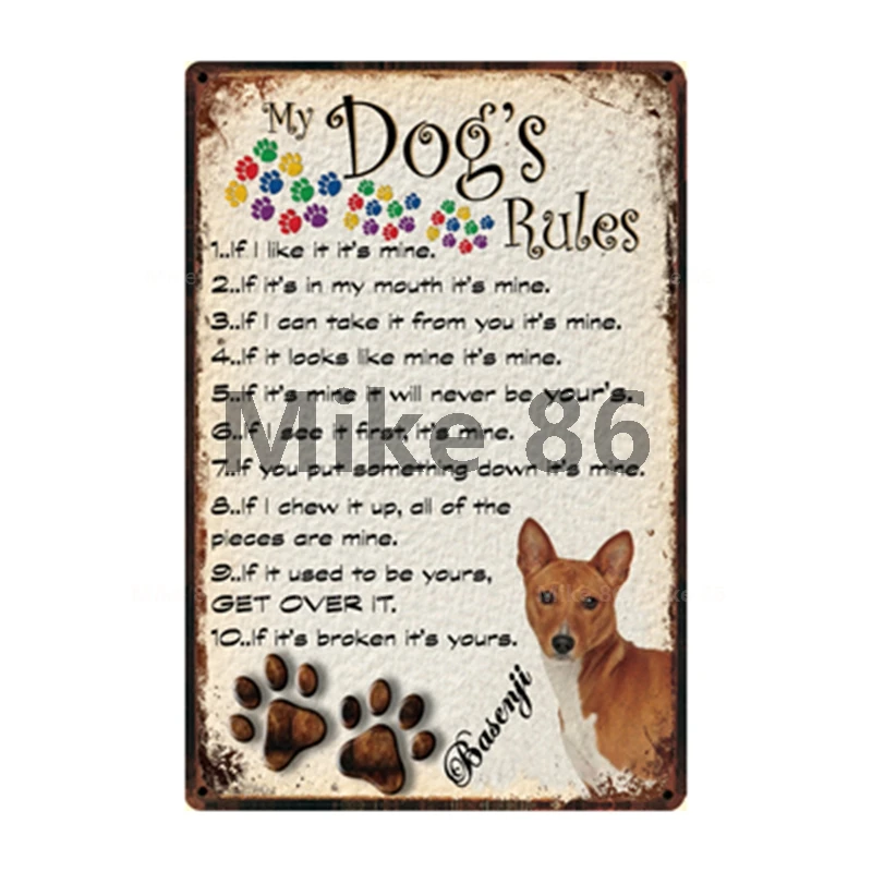 [Mike86] металлический плакат с надписью My Dog's Rules: пудель померанский хаски мопс