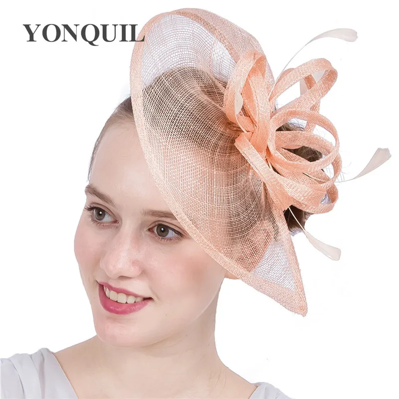 

Champagne Millinery Sinamay Fascinators With Feather Wedding Headwear Cocktail Party Event Hats NEW ARRIVAL High Quality