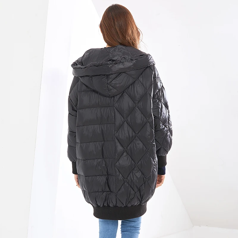 

TWOTWINSTYLE Patchwork Argyle Cotton Coat For Women Hooded Collar Casual Loose Solid Parka Female Fashion New Clothing Winter