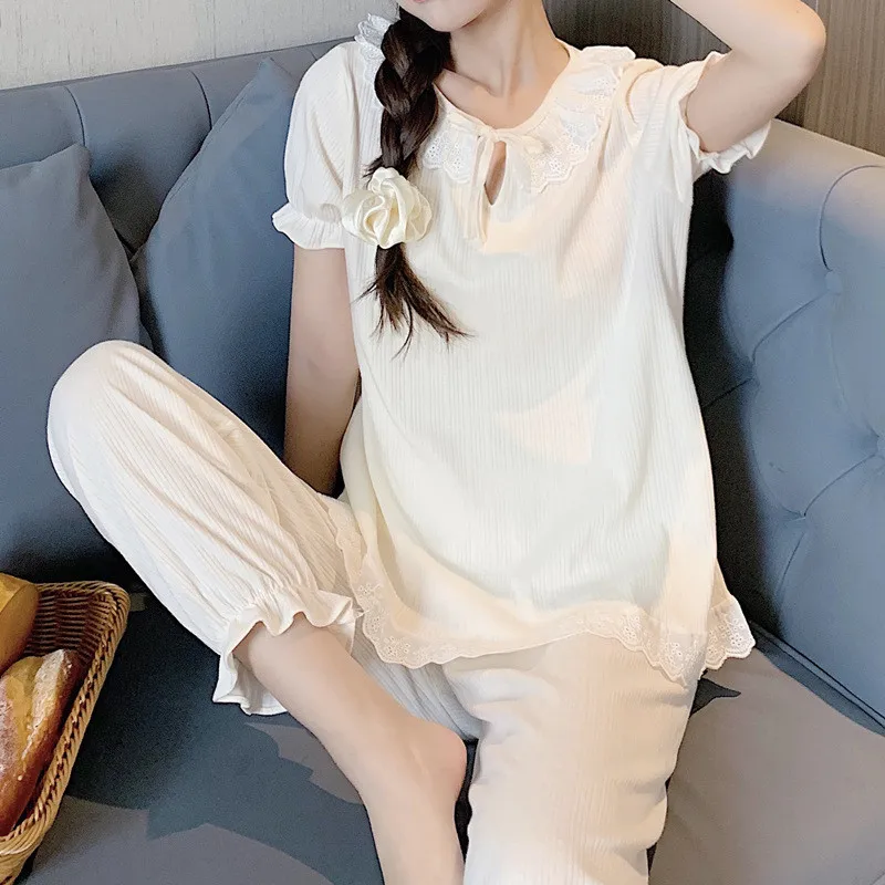

INS Sweet Cute Student's Home Wear Clothes New Spring Summer Cotton Pijamas Women Short Sleeve Trousers Sleepwear Pajamas Set
