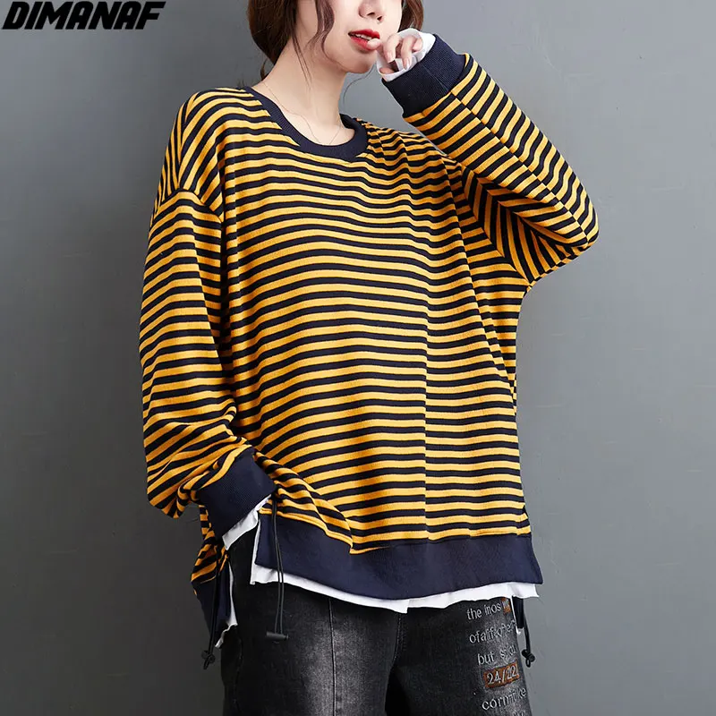 

Женская Повседневная Толстовка DIMANAF, хлопковый свитшот в полоску с имитацией двух предметов, пуловер в стиле пэчворк, Осенний Топ оверсайз, ...