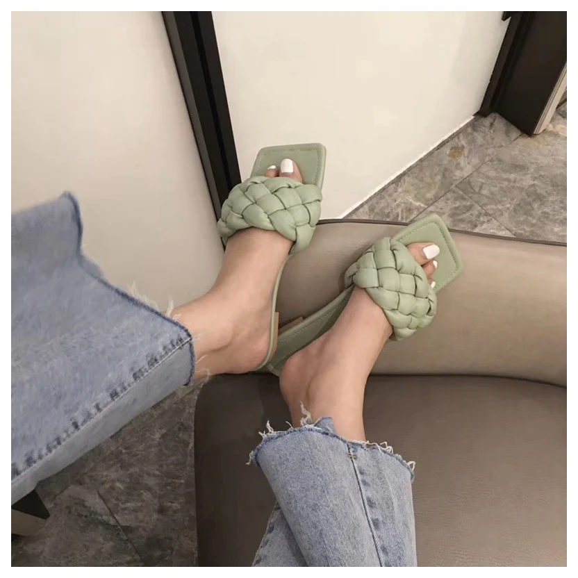 

New Fashion Weave Slippers Women Square Toe Flat Casual Shoes Women Slide 2021 Summer Flip Flops Beach Sandal Slipper Big size40