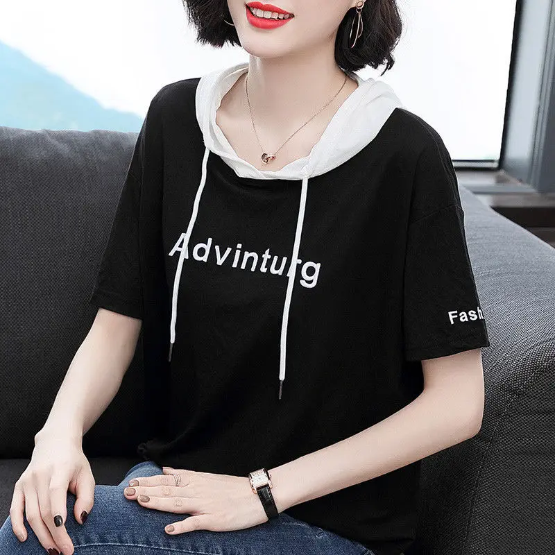 

Fashion Loose T Shirt Women Hoodie Cotton Top Short Sleeve Letter Printed Tees Spring Summer Chic T-Shirt Lady Streetwear 2021
