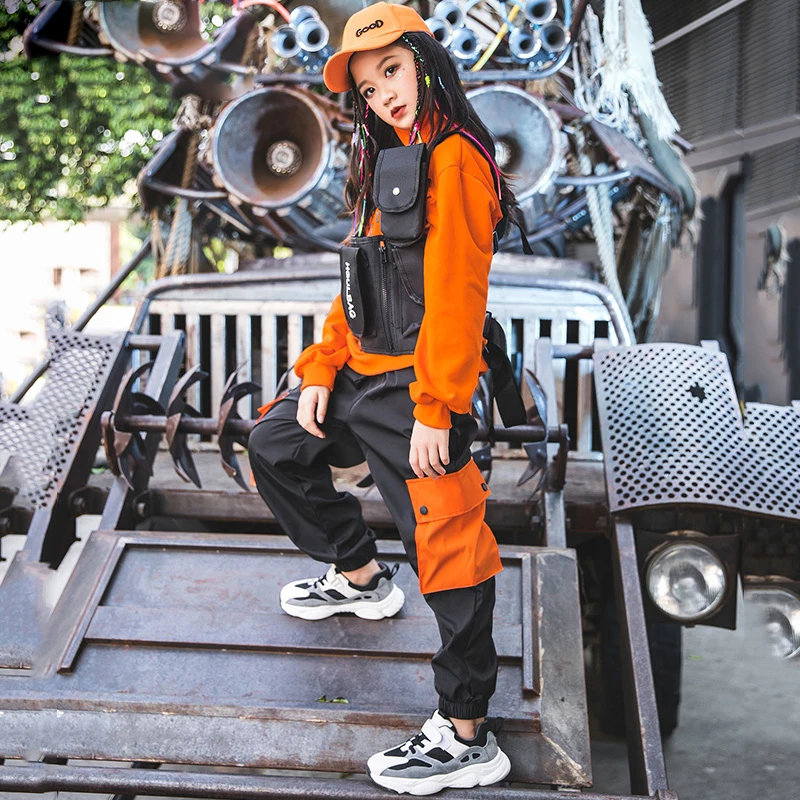 

Hip-Hop Dance Clothing For Kids Street Dancewear Jazz Dance Costumes Orange Tops HipHop Pants Performance Stage Outfits SL2380