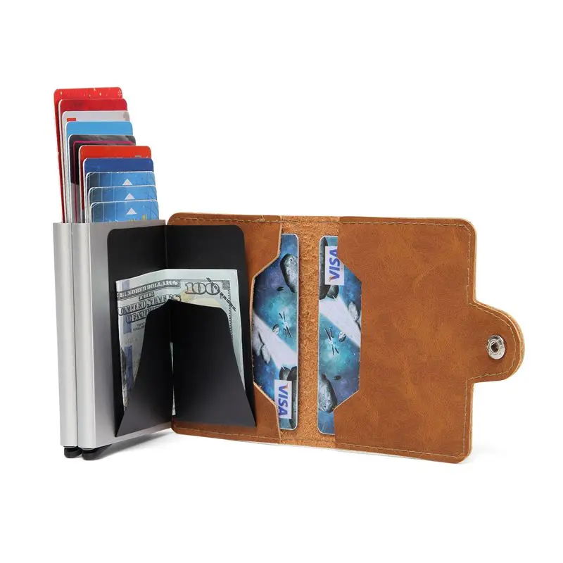 

Crazy Horse double Aluminum Leather Credit Card Holder RFID Wallet Automatic pop up Anti-theft Purse Business ID Cardholder