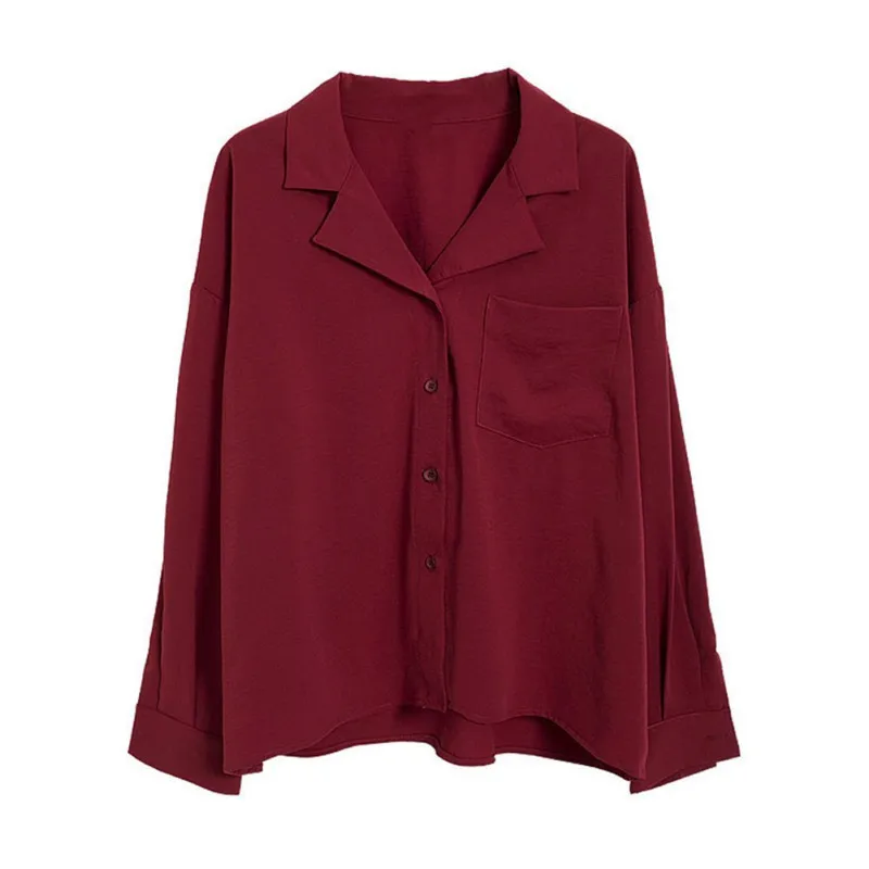 

Women Shirt Simple Vintage Solid Blouse Temperament Turn-down Collar Chiffon Shirt Loose Single-breasted Long Sleeve Blouse 1