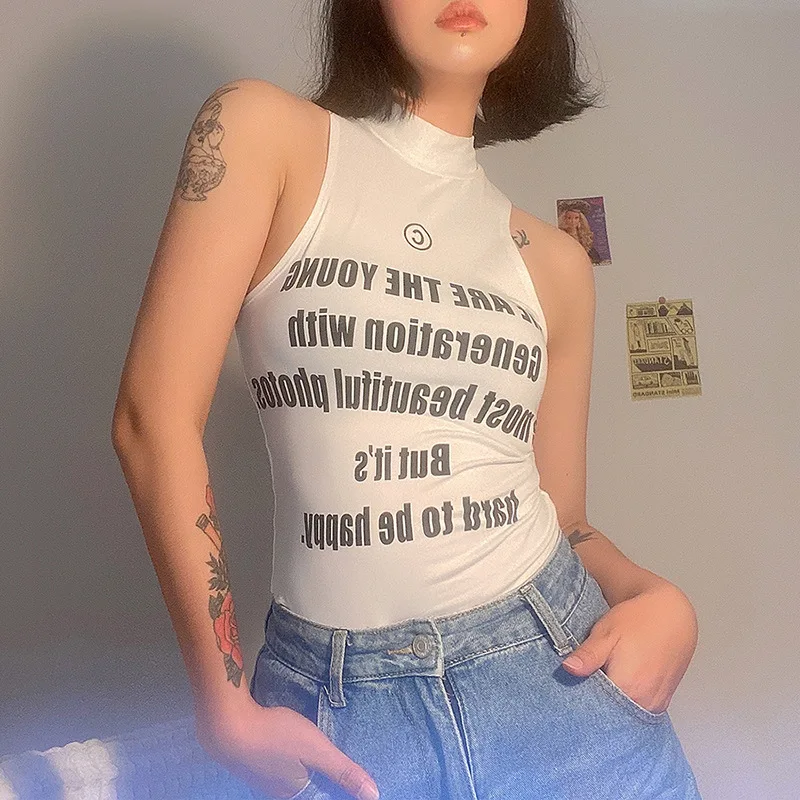 Женский облегающий Боди без рукавов Gothblack белый топ с круглым вырезом и буквенным