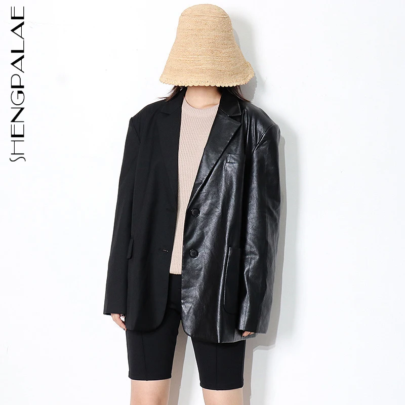 

SHENGPALAE модный блейзер из искусственной кожи в стиле пэчворк Женская Осенняя коллекция 2021 года, новинка, однобортный женский пиджак с длинным...