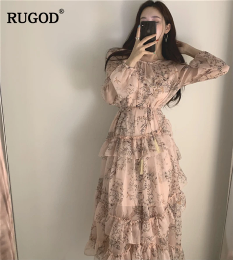 RUGOD 2020 Новое Осеннее женское шифоновое платье с цветочным рисунком комплект из
