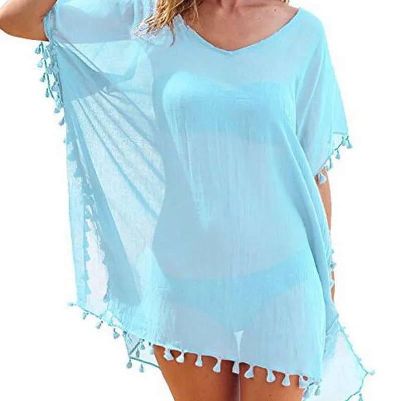 

Chiffon Tassels Beach Dress Women Swim Suit Bathing Suit Cover Up Tunic Sarongs Blouses Swimwear Female Tops