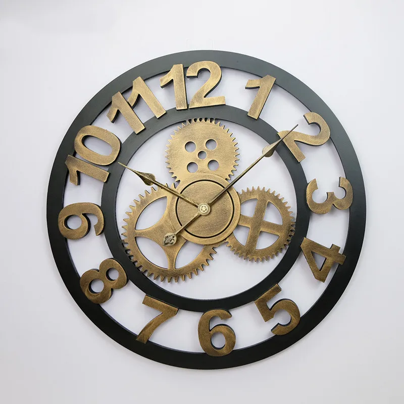 [HHT] Industrial Style Wooden Mute Wall Clock Gear Retro Hanging Sculpture Living Dining Room Creative Home Decoration | Дом и сад