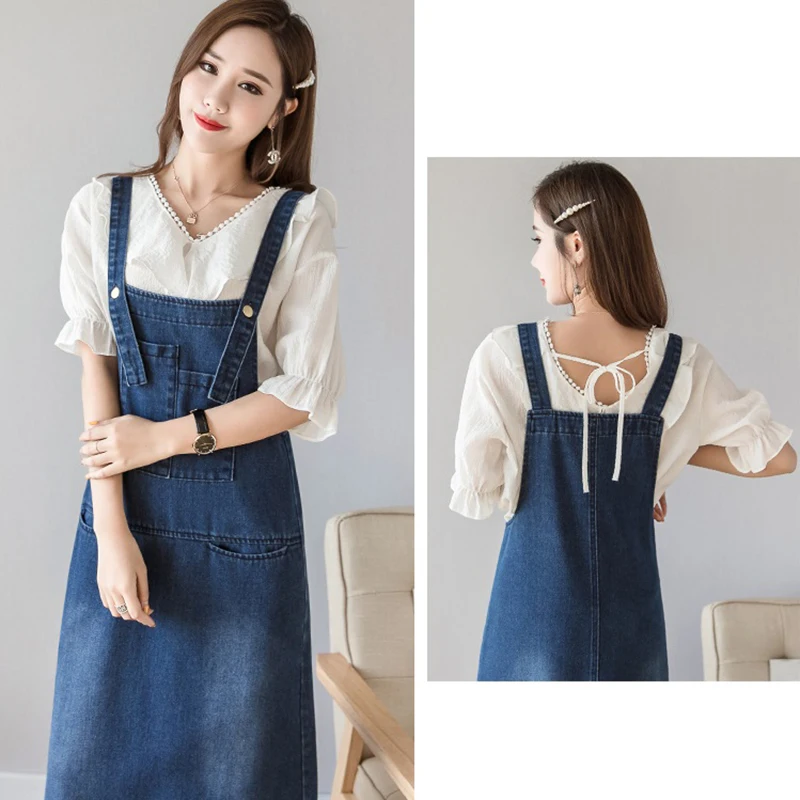 Платье женское джинсовое на бретелях винтажное синее сарафан средней длины из