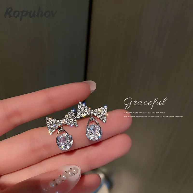 

ROPUHOV 2021 Korean Trendy 925 Silver Needle Crystal Diamond Bow Earrings Small Sweet Lady Earrings Fresh Literary Earrings