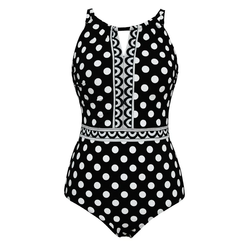 Black Dot PERONA, женские слитные купальники, контроль живота, купальники для похудения, купальники, круглый вырез, Холтер, пляжная одежда размера плюс, монокини - Цвет: Black Dot