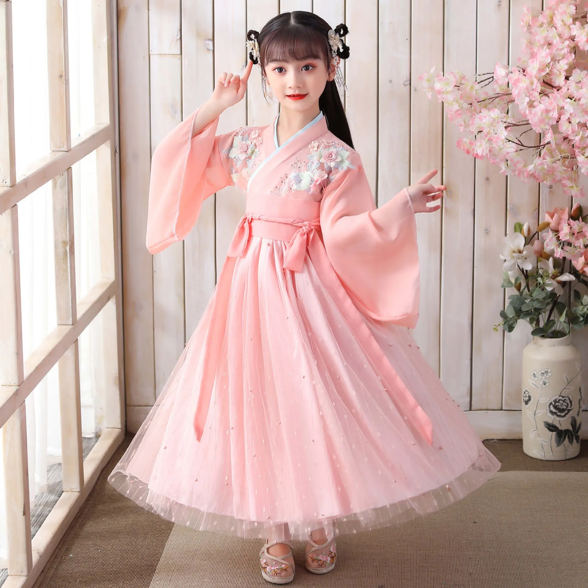 Новое Детское розовое платье ханьфу для девочек Китайская древняя фея косплей