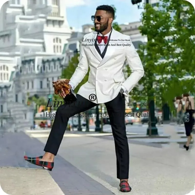

New Groom Tuxedos Ivory Wedding Tuxedos Double-Breasted Man Jacket Blazer Popular 3 Piece Suit (Jacket+Pants+Vest)