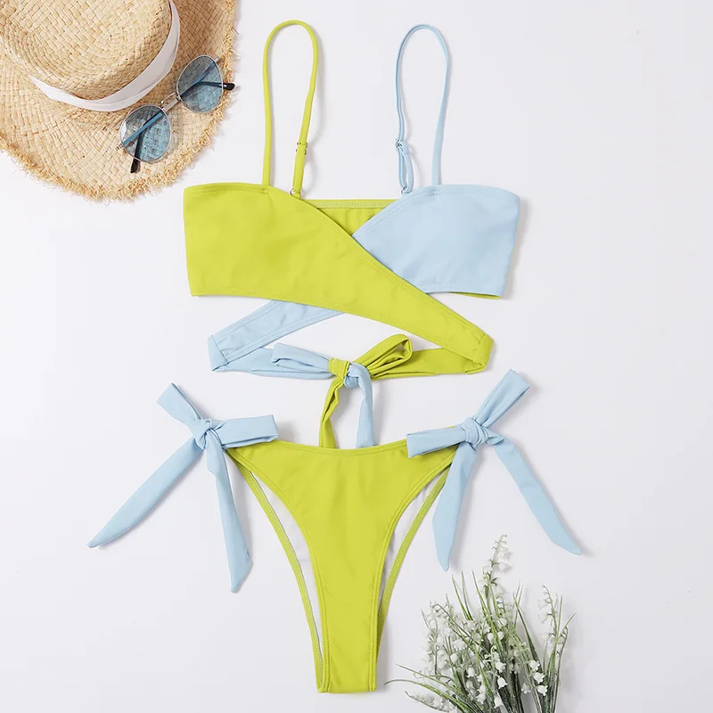 

Sexy Patchwork Bikini Push Up Swimsuit Women Thong Swimwear Bandage Swimsuit Two-piece Bathing Suit Cross Bikini Summer 2021