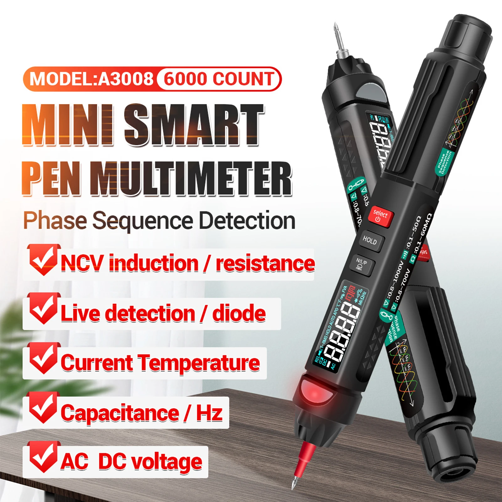 

ANENG A3007/A3008 Pen Multimeter Digital 6000 Counts AC DC Voltage Resistance NCV Tester Voltmeter With Flashlight LCD Display