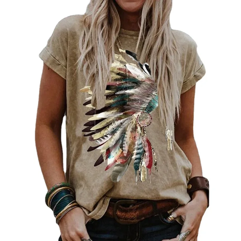 

Printed Turtleneck Pullover Short Sleeved T-shirt for Women 2021 Summer Fashion Leisure Tops Sexy Classic Easing Tees