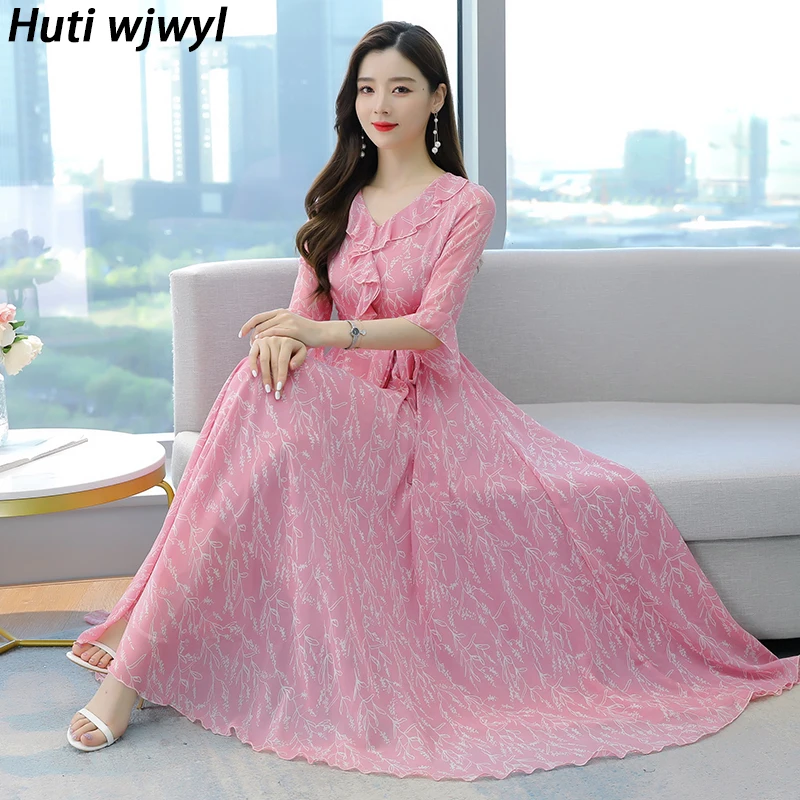 

Женский Повседневный шифоновый пляжный длинный сарафан в стиле бохо, облегающее праздничное платье розового цвета, винтажное платье макси ...