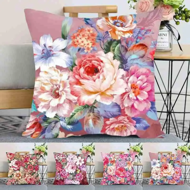 

Pink Peony Flower Home Decoration Sofa Throw Pillowcase Cotton Decorative 45x45CM Pillowcase Polyester A0A8