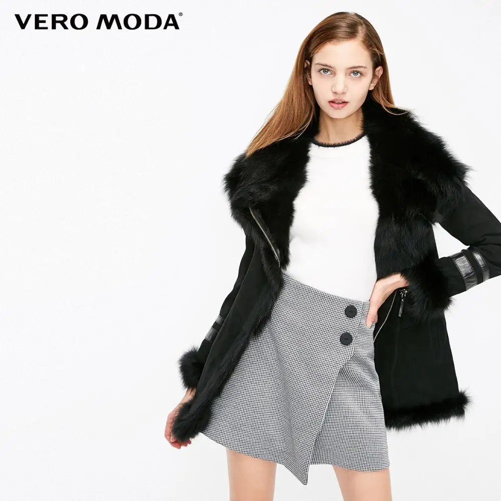 Vero Moda Новая женская кожаная куртка из овчины с воротником из лисьего меха на молнии | 318428525 - Цвет: Black lea.