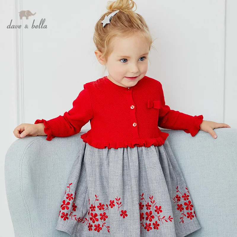 

DB14812 dave bella autumn baby girl's cute bow floral sweater dress children fashion party dress kids infant lolita clothes