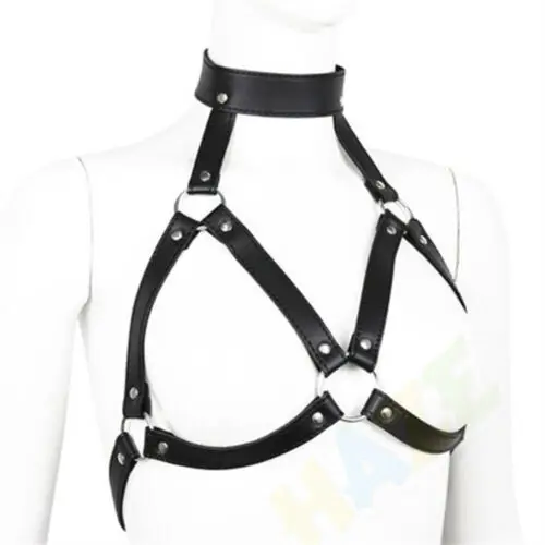 Сексуальный женский бюстгальтер на кожаном ремешке с открытой грудью и шеей