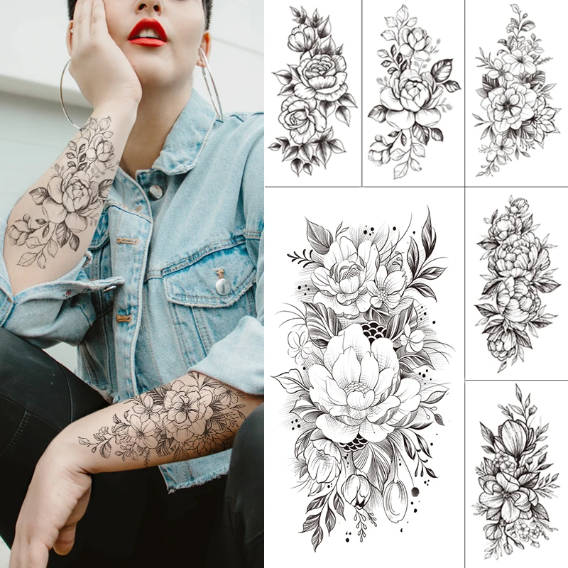 

Sexy Realistic Flower Temporary Tattoos Sketches Snake Sticker Waterproof Wolf Lion Adult Fake Tattoo Rose Body Art Men Women