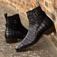 autumn and winter men classic pointed low heel buckle pu leather fashion leisure comfortable black short boots aq363
