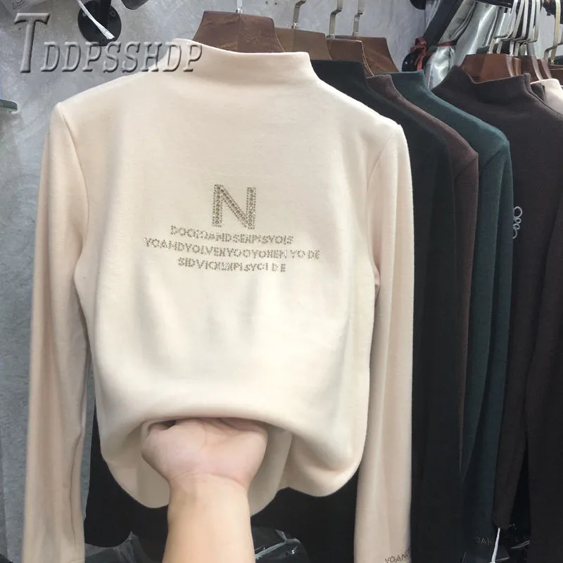 

Женская футболка с имитацией бриллианта, теплая зимняя футболка с подкладкой из пуха, 2019