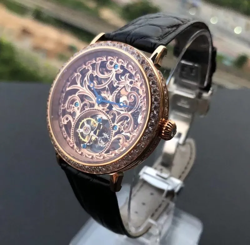 Топ Роскошный Полный Кристалл Алмаз ST8000 Tourbillon часы для женщин Скелет сапфировый циферблат Крокодиловая Кожа Мужские механические часы