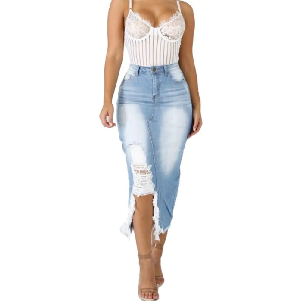 Летняя женская модная джинсовая юбка с высокой талией, рваная джинсовая облегающая длинная юбка с разрезом, летняя уличная одежда 5XL