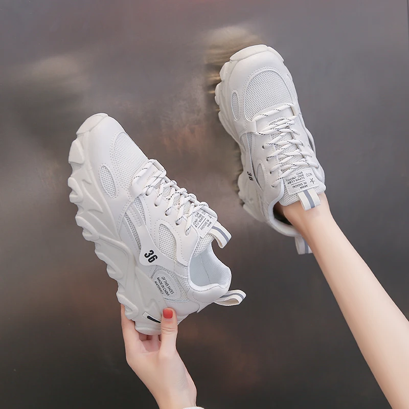 

White Women Sneakers Breathable Sport Tennis Shoes Walking Footwear Platform Height Increasing Lace-up Tenis Feminino Casual INS
