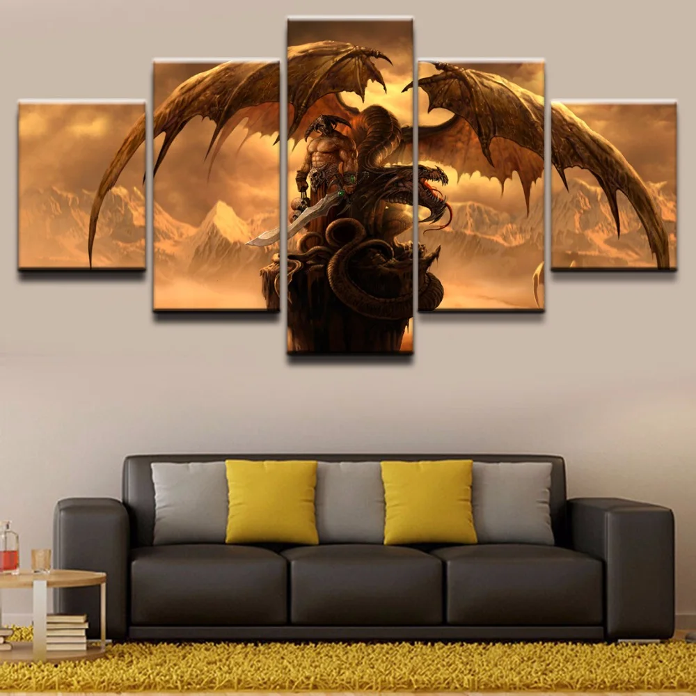 

Canvas Paintings 5 Pieces Dragon Fantasy Sword Warrior Wall Art HD Printed Modern Boys Room Pictures Poster Framed Home Decor