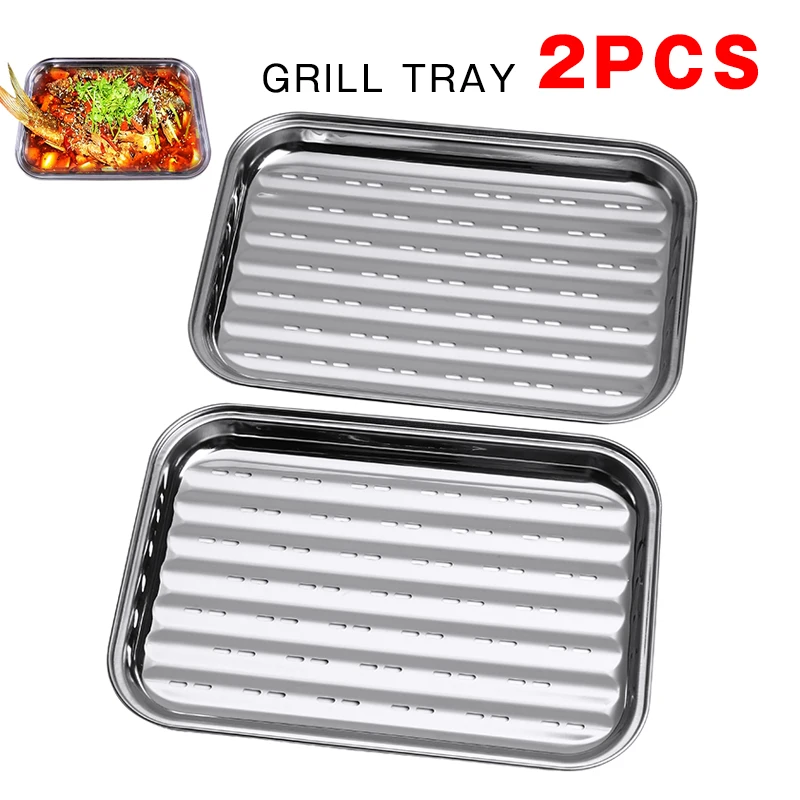 2pcs Stainless Steel Grill Tray Grill Pan Household Grill Plate BBQ Tool With Drip Holes Kitchen Cookware Supplies