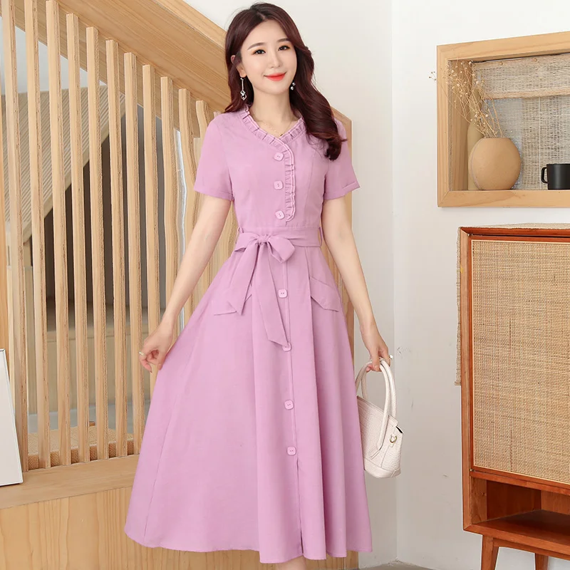 Из хлопка и льна с коротким рукавом женское платье новинка на лето весну платья