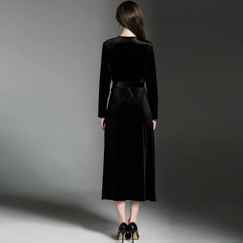 

Velvet Fashion Color Purple Black Ruffle Draped V Neck Loose Waist Sashes Mid-Calf Winter Dresses for Women with Long Sleeves