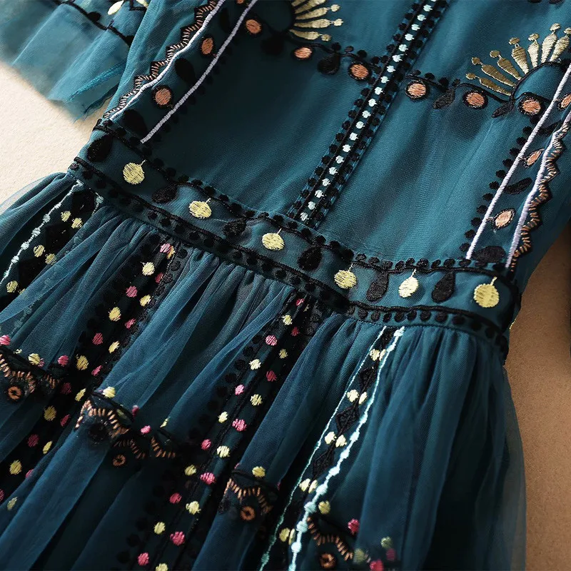 

Spring Summer Fashion Runway Luxury Embroidery Mesh Long Dress Party Festa High Quality Woman Clothes Celebrity Vintage Vestidos