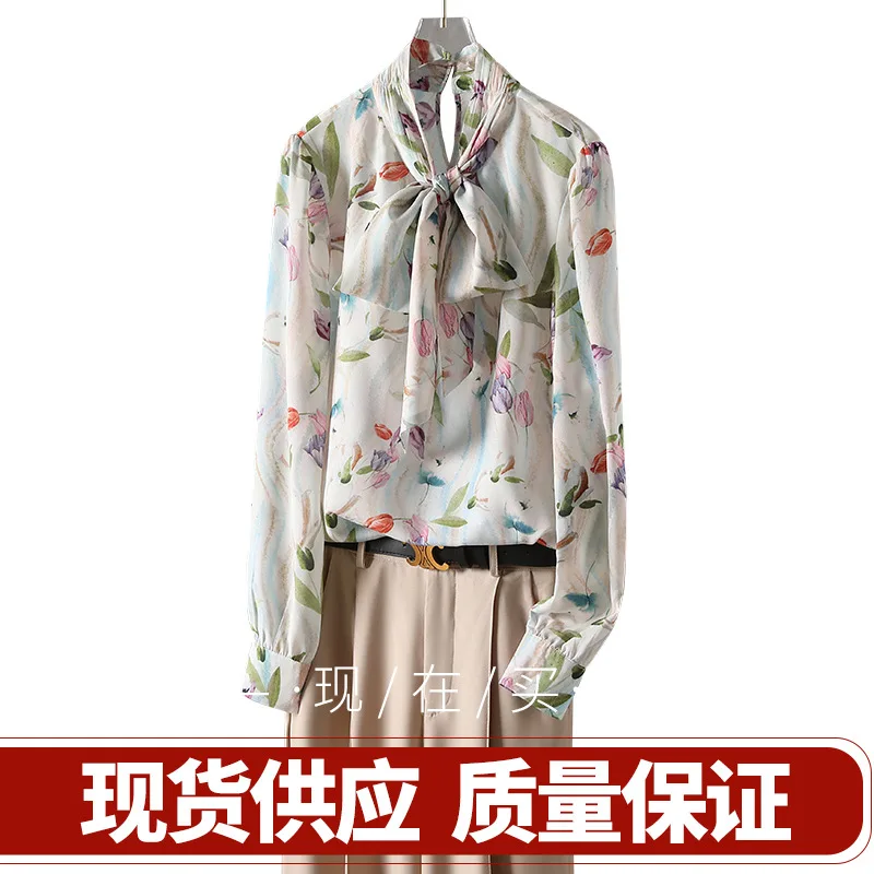 Женская шифоновая рубашка с длинным рукавом Тонкая блузка принтом тюльпана и